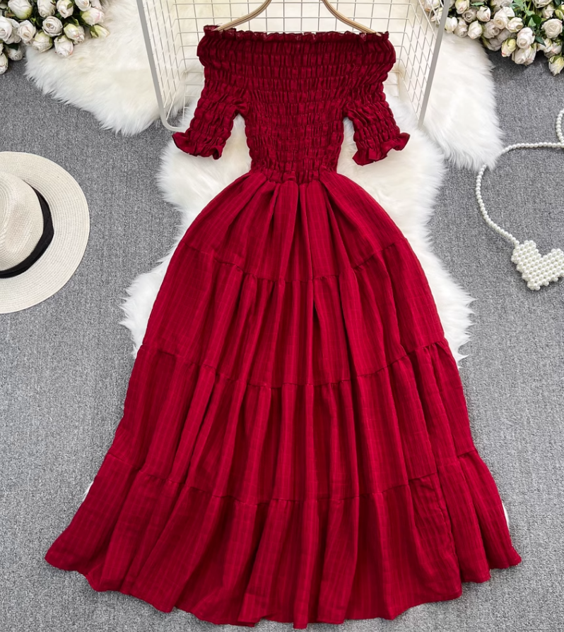 Gentle style, super fairy, one shoulder, off-shoulder, waist, slim, A-line dress, seaside holiday, long skirt R0372