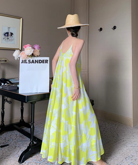 Cold style suspender dress women's printed backless travel beach dress holiday super fairy long dress R0182