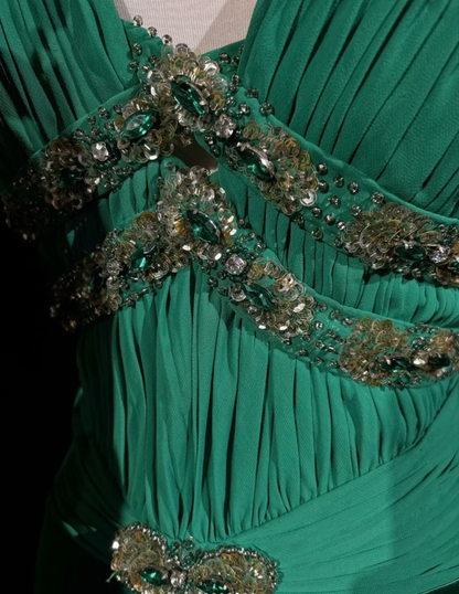Elegant V Neck Green Satin Beaded Mermaid Long Wedding Guest Dress Formal Birthday Party Dress D1992
