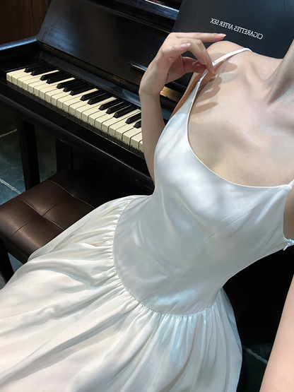White spaghetti strap, waist-cinched, slim-fit long elegant prom dress R7975