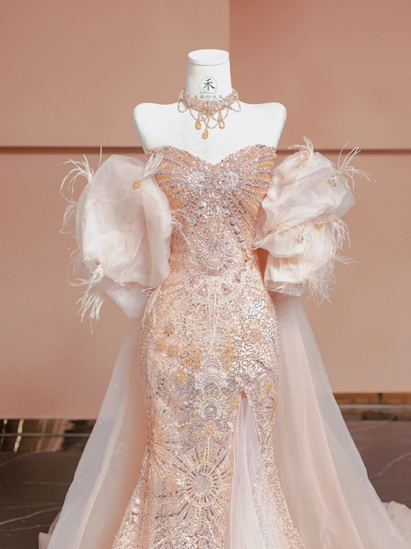 Light pink strapless fitted sequined long ball gown, bridal dress R8357