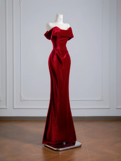 Deep red off-the-shoulder fitted waist bodycon long ball gown, bridal dress R8136