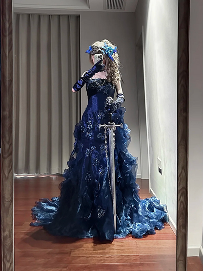 Blue strapless fitted long ball gown R8633