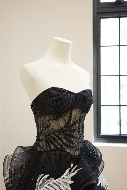 Black strapless lace dress with a fitted waist and full skirt, long ball gown R8541