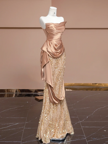 Rose gold strapless, fitted, bodycon, sexy long ball gown/bridal dress R8328
