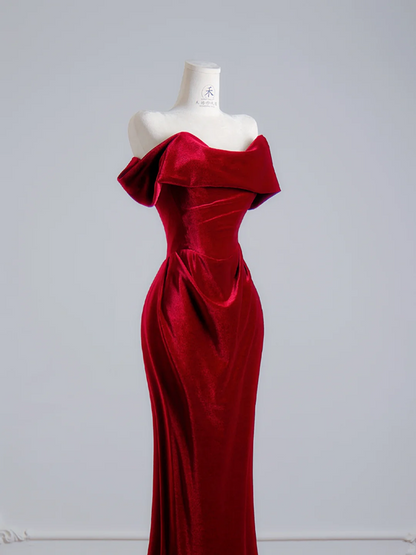 Deep red off-the-shoulder fitted waist bodycon long ball gown, bridal dress R8136