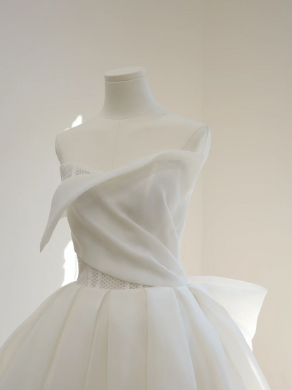 White strapless, fitted waist, full skirt, long ball gown, bridal dress R8475