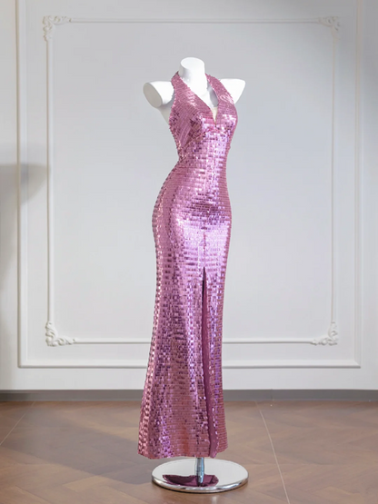 Light pink halter neck, fitted waist, sexy backless sequined long ball gown R8270
