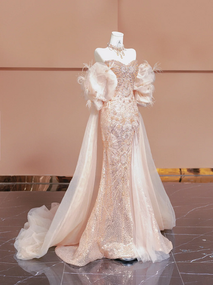 Light pink strapless fitted sequined long ball gown, bridal dress R8357