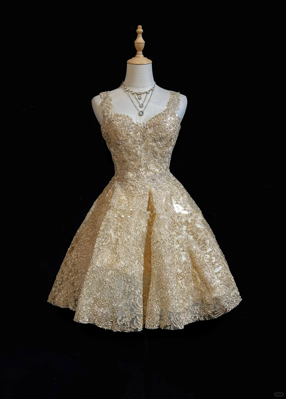Gold lace hollow strap waist A-line princess short dress homecoming dress R4897