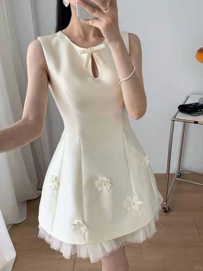 White satin neckline hollow design waist slim A-line skirt short skirt homecoming dress R4207