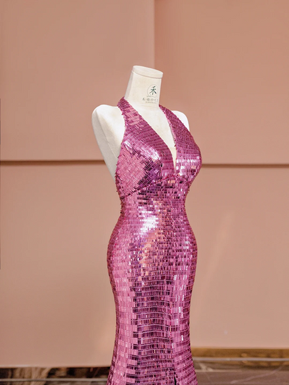 Light purple halter-neck sequined fitted waist bodycon sexy long ball gown, bridal dress R8390