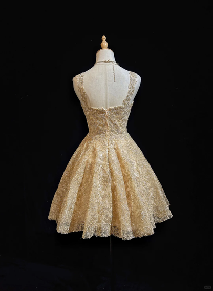 Gold lace hollow strap waist A-line princess short dress homecoming dress R4897