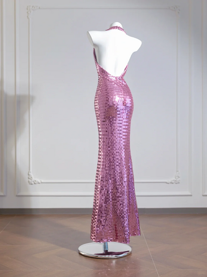 Light pink halter neck, fitted waist, sexy backless sequined long ball gown R8270