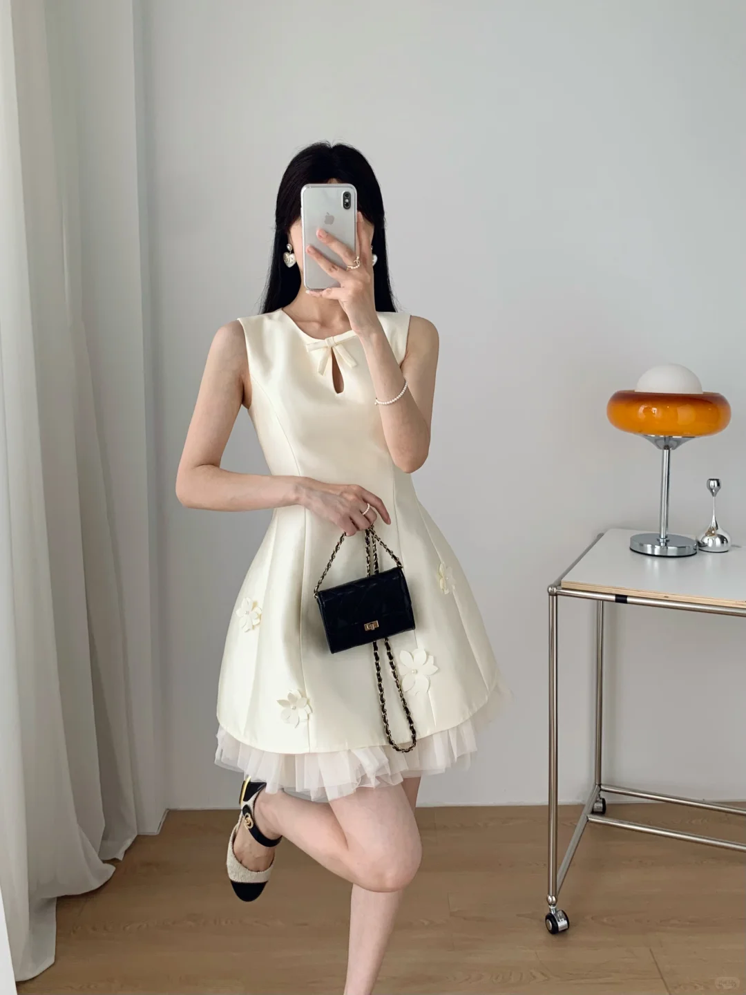 White satin neckline hollow design waist slim A-line skirt short skirt homecoming dress R4207
