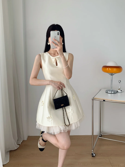 White satin neckline hollow design waist slim A-line skirt short skirt homecoming dress R4207