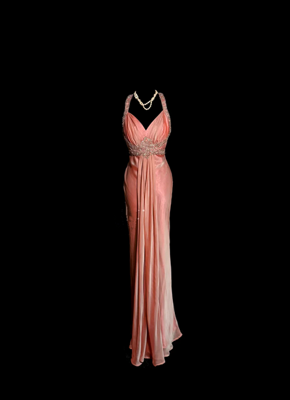 Orange halter-neck fitted backless sexy long ball gown R6670