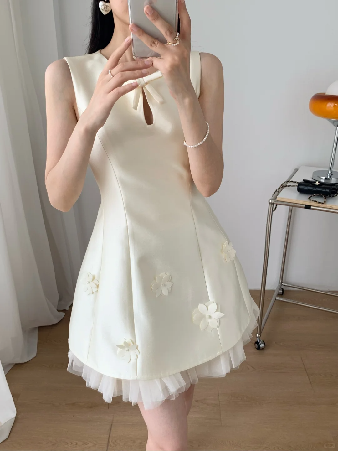 White satin neckline hollow design waist slim A-line skirt short skirt homecoming dress R4207