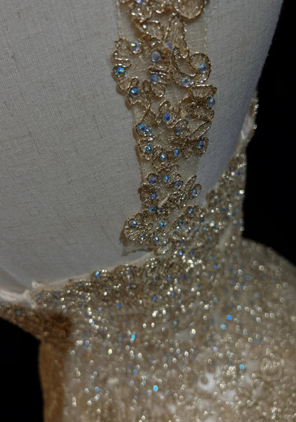 Gold lace hollow strap waist A-line princess short dress homecoming dress R4897