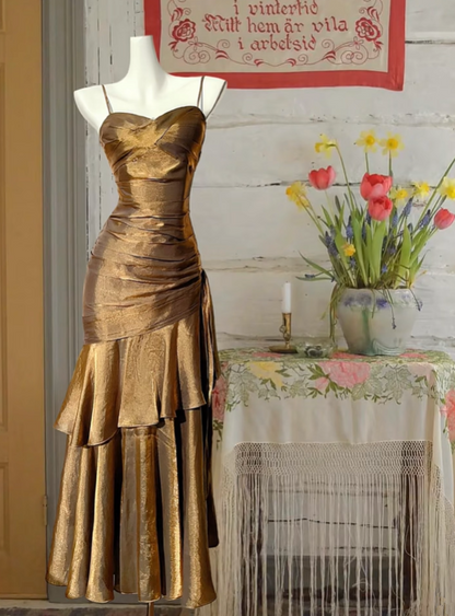Gold strap satin waist slim pleated elegant long skirt ball gown R6231