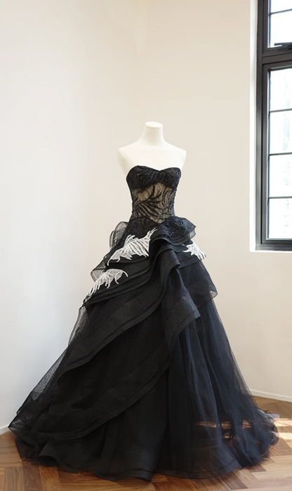 Black strapless lace dress with a fitted waist and full skirt, long ball gown R8541