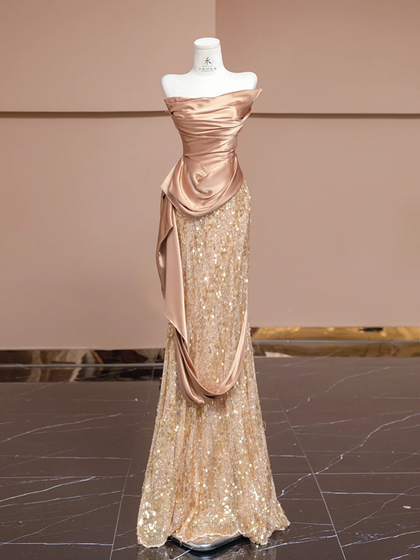 Rose gold strapless, fitted, bodycon, sexy long ball gown/bridal dress R8328
