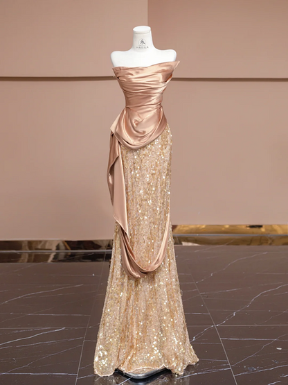 Rose gold strapless, fitted, bodycon, sexy long ball gown/bridal dress R8328