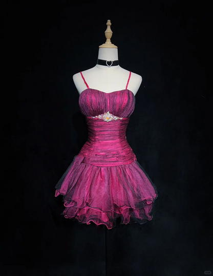 Rose red suspenders waist slim pleated sexy short skirt homecoming dress R4978