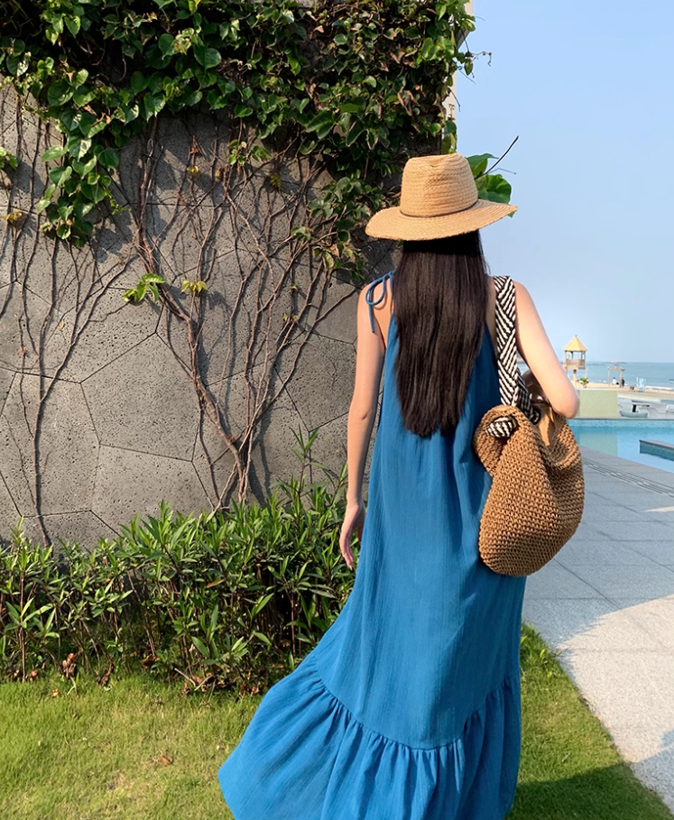 Bohemian retro blue white sling fishtail dress holiday style seaside beach dress sling dress long skirt R0196