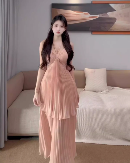 Gentle style pink halter neck suspender dress with beautiful atmosphere R0821