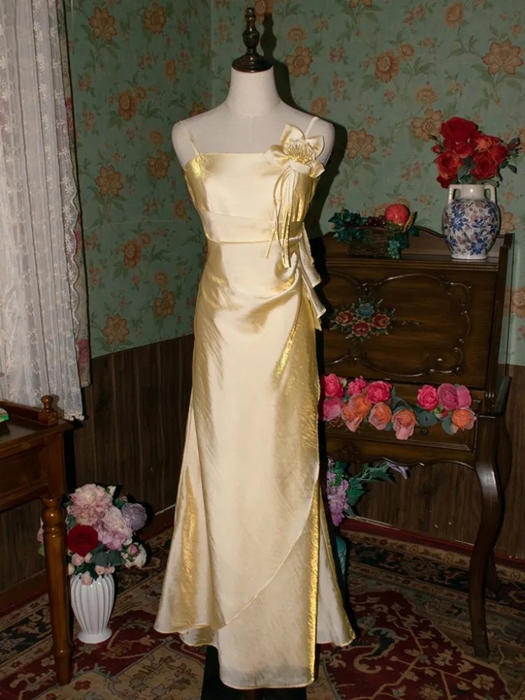 Vintage Yellow Floral Embellished Evening Gown Fairy Princess Party Evening Dress cc1509