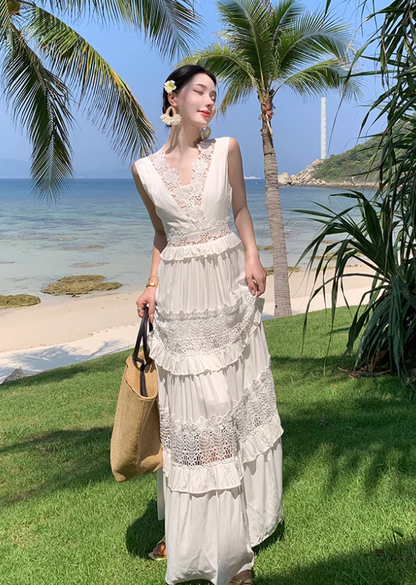 White heavy hollow lace cake dress female holiday style seaside fairy long skirt R0194