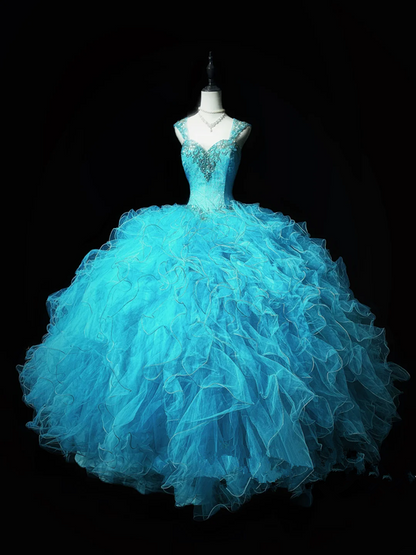 Light blue halter-neck fitted long ball gown with a flared skirt R8694