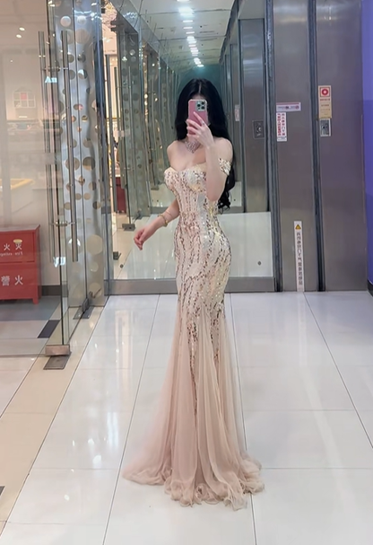 Light apricot off-the-shoulder fitted waist bodycon sexy long ball gown R7897