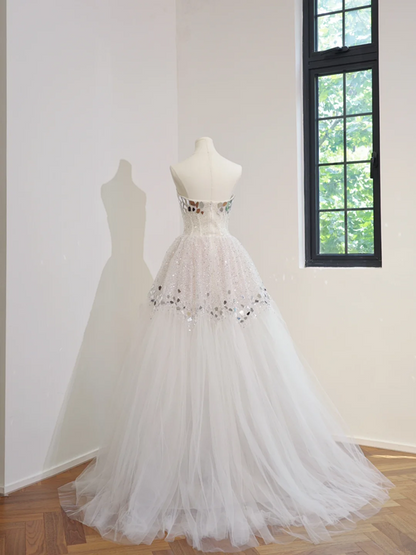 White sequined strapless, fitted waist, full skirt, long ball gown, bridal dress R8476
