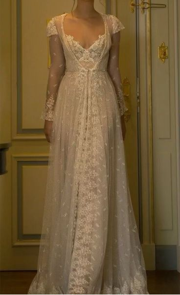 Elegant Long Sleeves White A-Line Lace Long Wedding Dress Bridal Dress, D955
