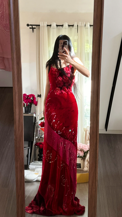 Pink retro floral print halter top, fitted waist, sexy long ball gown R7731