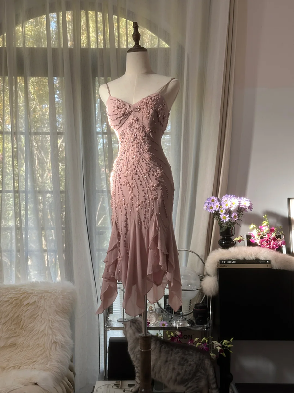 Light pink halter-neck fitted waist slim-fitting irregular hem midi ball gown R7706