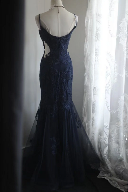 Navy blue halter-neck embroidered fitted waist bodycon long ball gown R6711