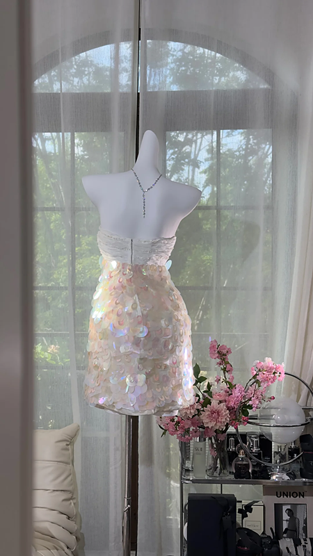 Light pink sequined strapless fitted waist bodycon short prom dress R7626
