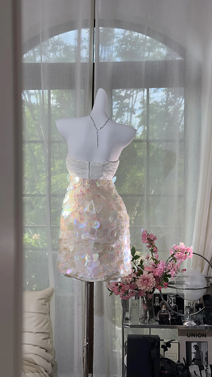 Light pink sequined strapless fitted waist bodycon short prom dress R7626