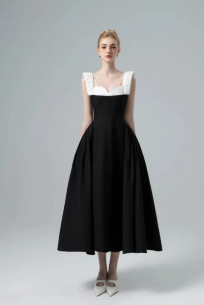 Elegant black and white patchwork waist slim A-line maxi homecoming dress R4816