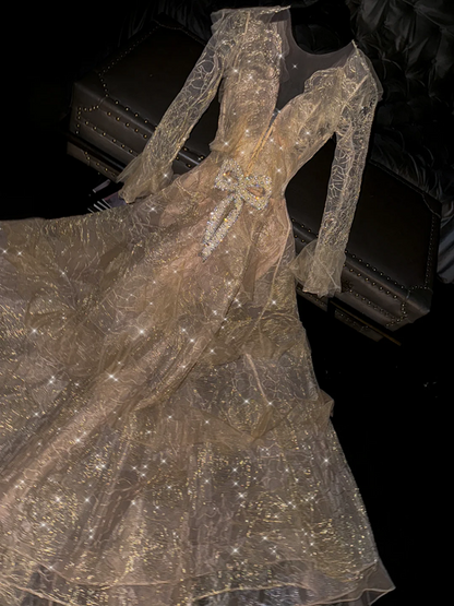 Gold V-neck long-sleeved fitted long sexy ball gown/bridal dress R8757