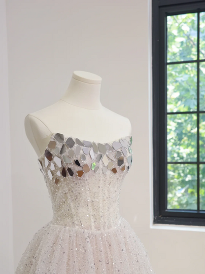 White sequined strapless, fitted waist, full skirt, long ball gown, bridal dress R8476