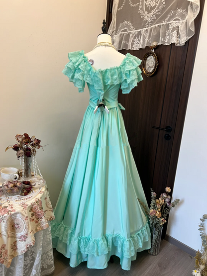 Green baby doll collar slim waist slimming cute long skirt homecoming dress R4329