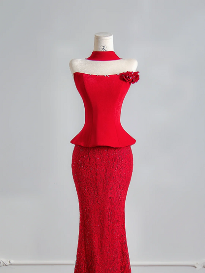 Red strapless fitted waist sexy top with lace bodycon skirt ball gown, wedding dress R8137