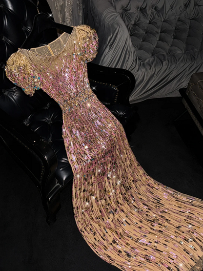 Gold sequined round neck fitted waist long ball gown, bridal dress R8787