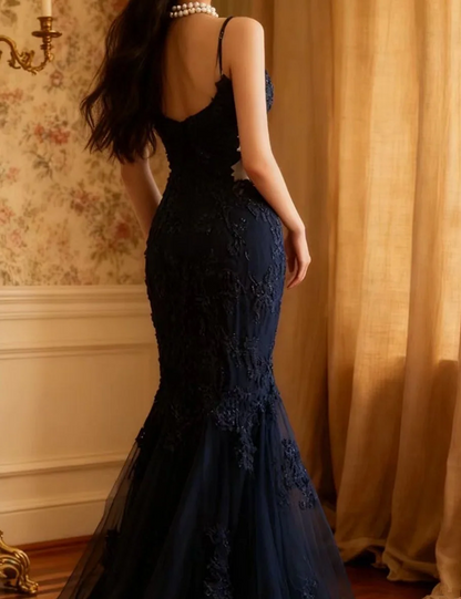 Navy blue halter-neck embroidered fitted waist bodycon long ball gown R6711