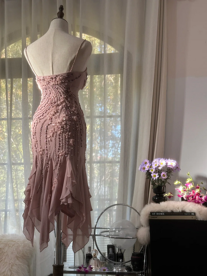 Light pink halter-neck fitted waist slim-fitting irregular hem midi ball gown R7706