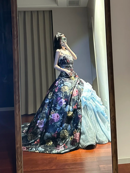 Black retro-style strapless, fitted waist ball gown with light blue tulle skirt R8634